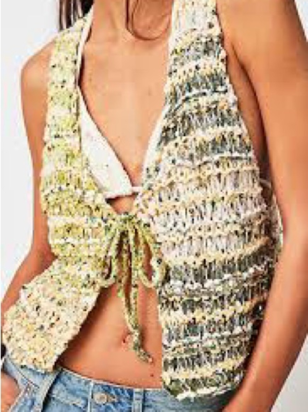 Free People Multicolor Crochet Tie-Front Vest in Green and Cream